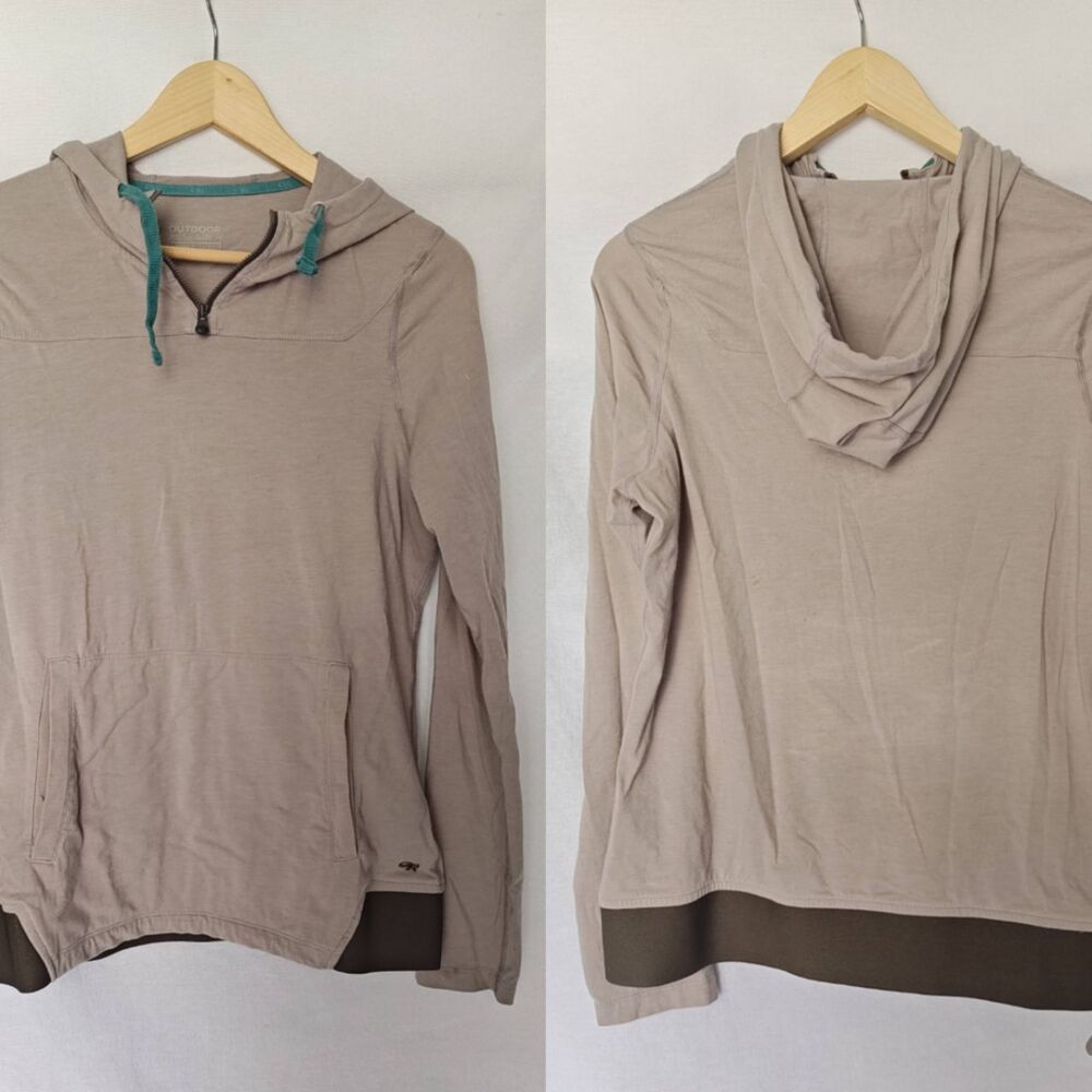 Outdoor Research Beige Pullover Hoodie with Teal Drawcords